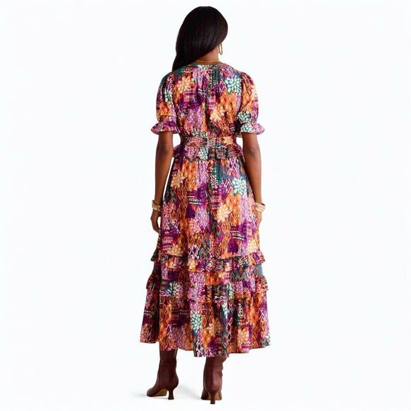 AVARA Boutique Mya Colorful Tribal Mix Print Maxi Dress Ruffle Puff Sleeve XXL - Picture 5 of 12